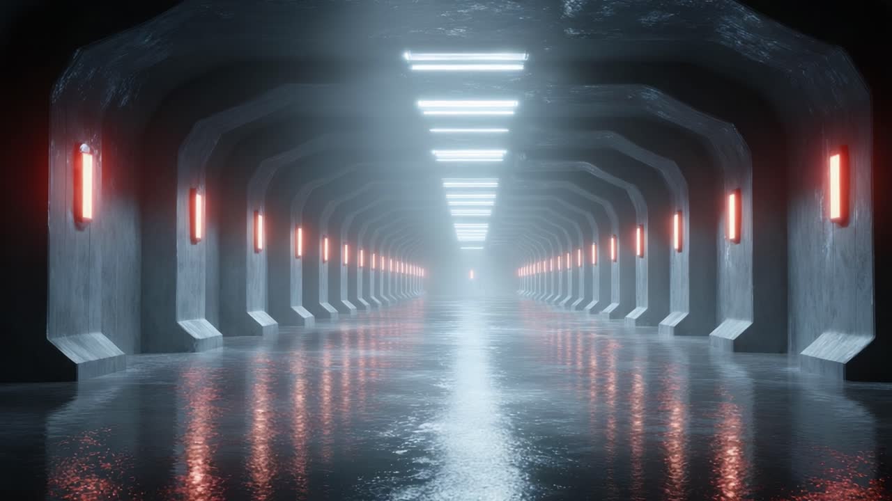 Mysterious Corridor with Neon Lights and Reflective Floor: A Journey Through an Atmospheric Tunnel of Light and Shadows