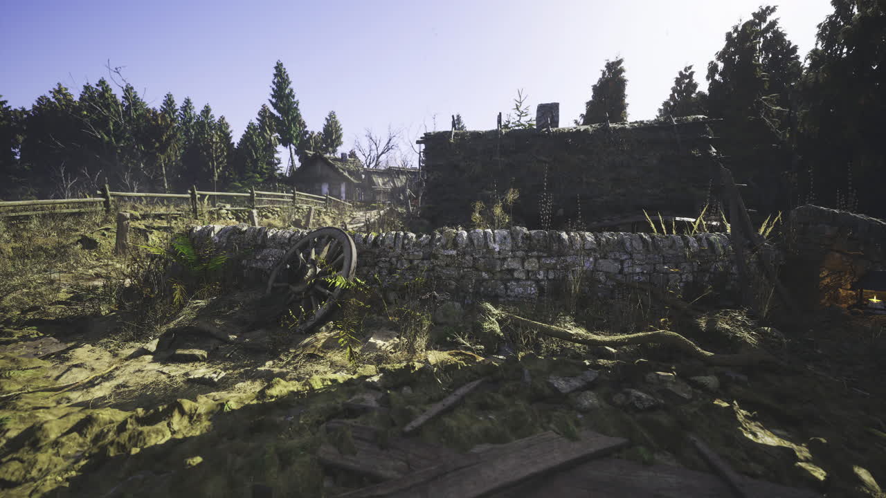 Historic rural landscape with stone walls and wooden cart in soft sunlight