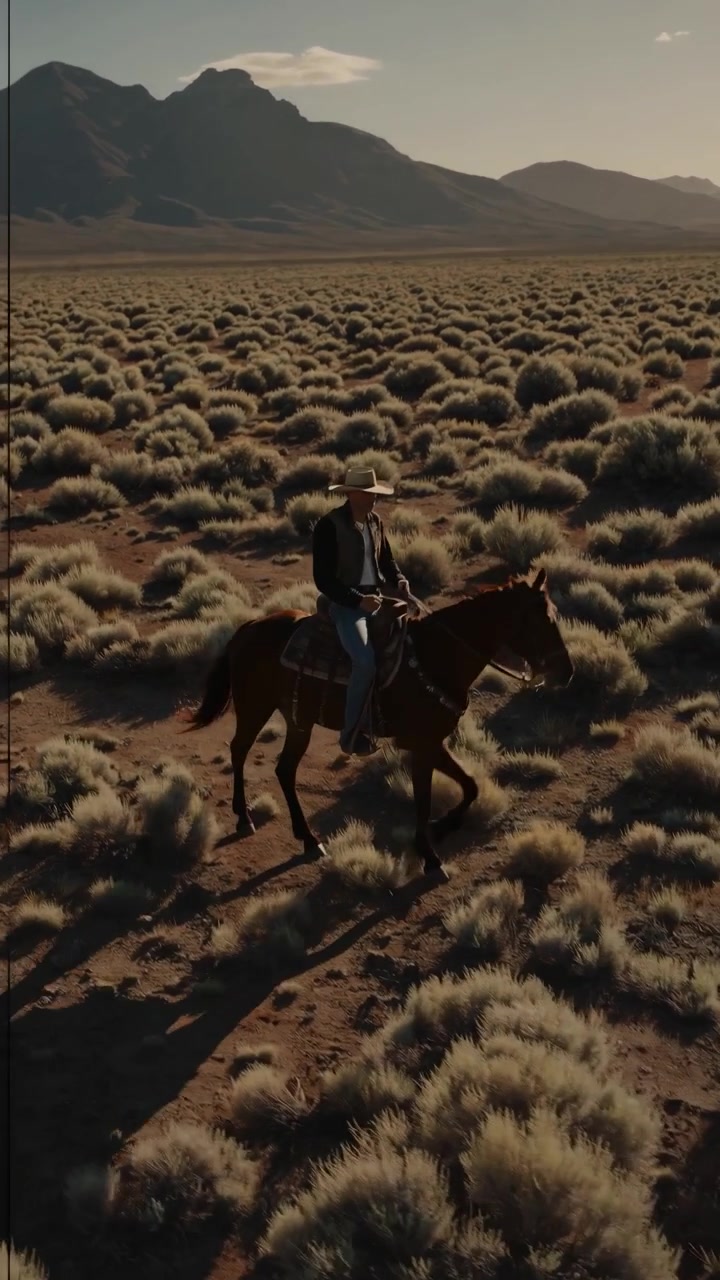Cowboy Riding Horse Through Desert Landscape at Sunset