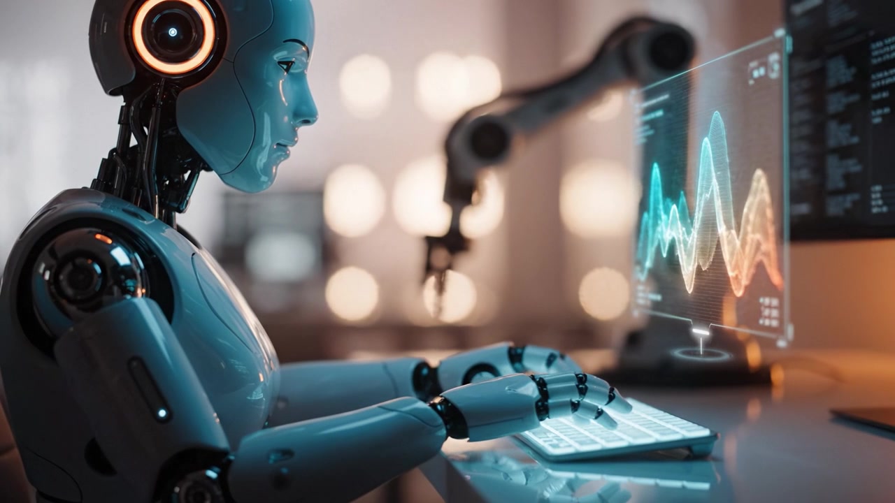 A futuristic humanoid robot using a keyboard to analyze data on a digital screen in a modern workspace, showcasing advanced artificial intelligence technology.