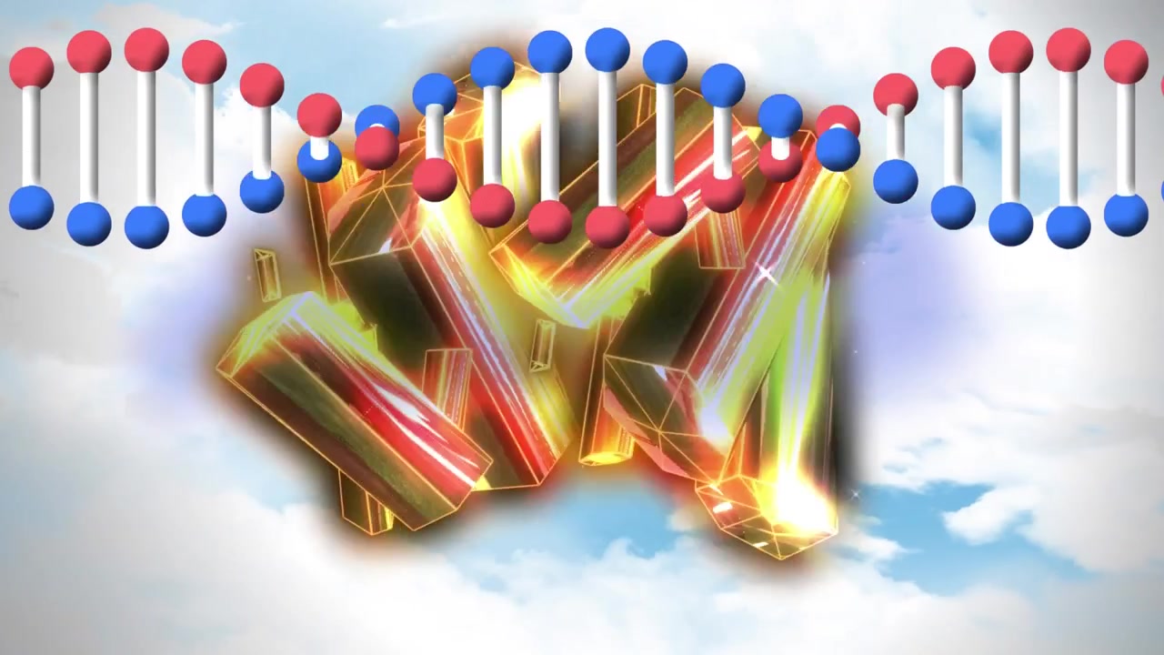 Animazione di un'elica di DNA su un motivo astratto luminoso, su un cielo nuvoloso in movimento.