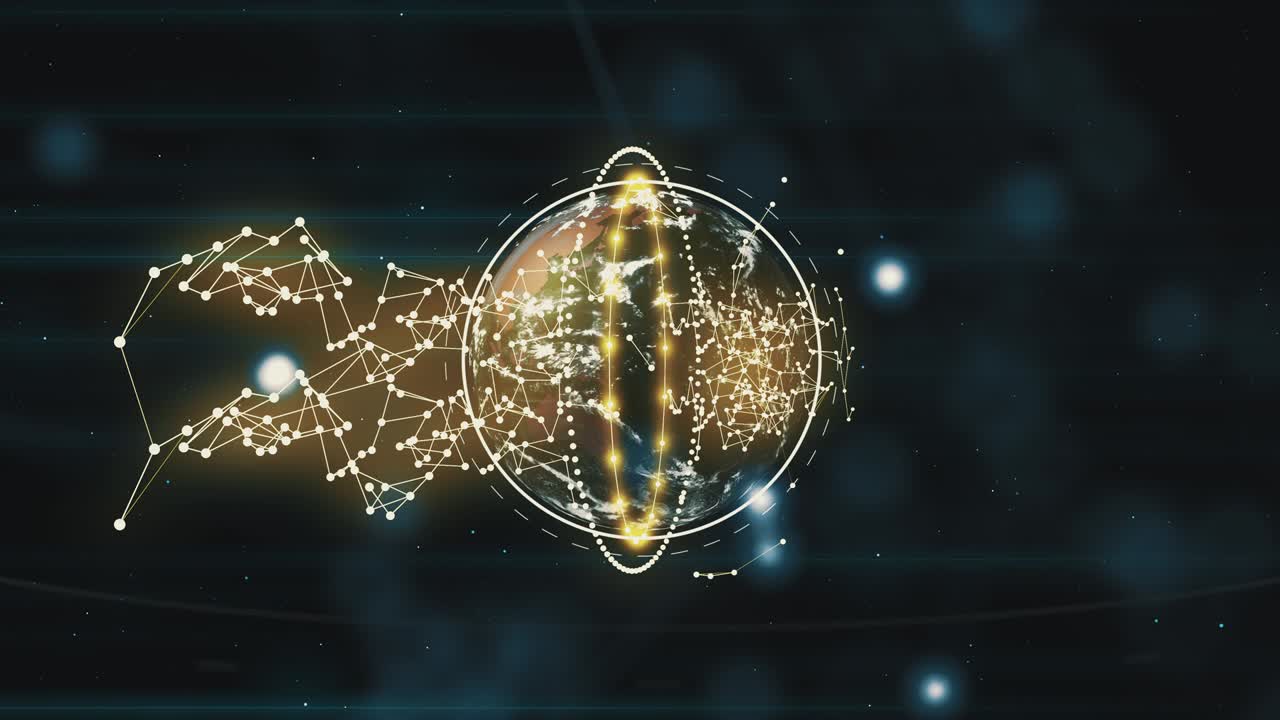 Födelsen av en vacker planet inuti en gyllene plexus-kapsel, roterande med en strålande prickig ring runt