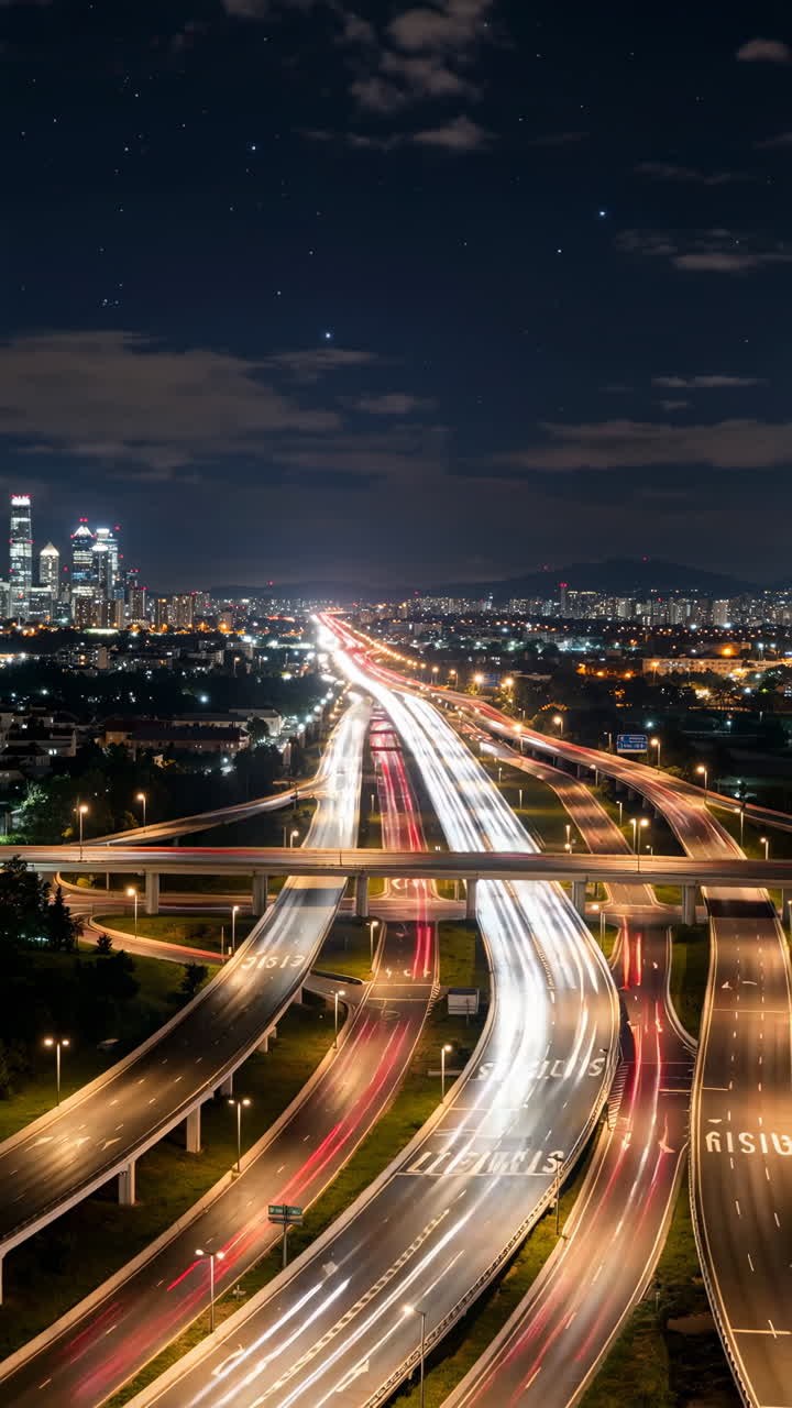 Night view of a city highway with long exposure traffic lights