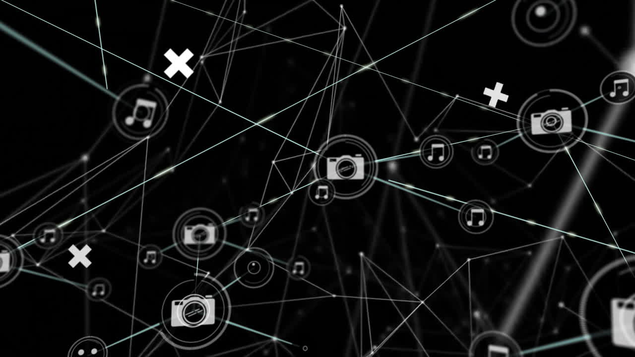 designers exploring technology network space, showcasing glowing camera and music note connections