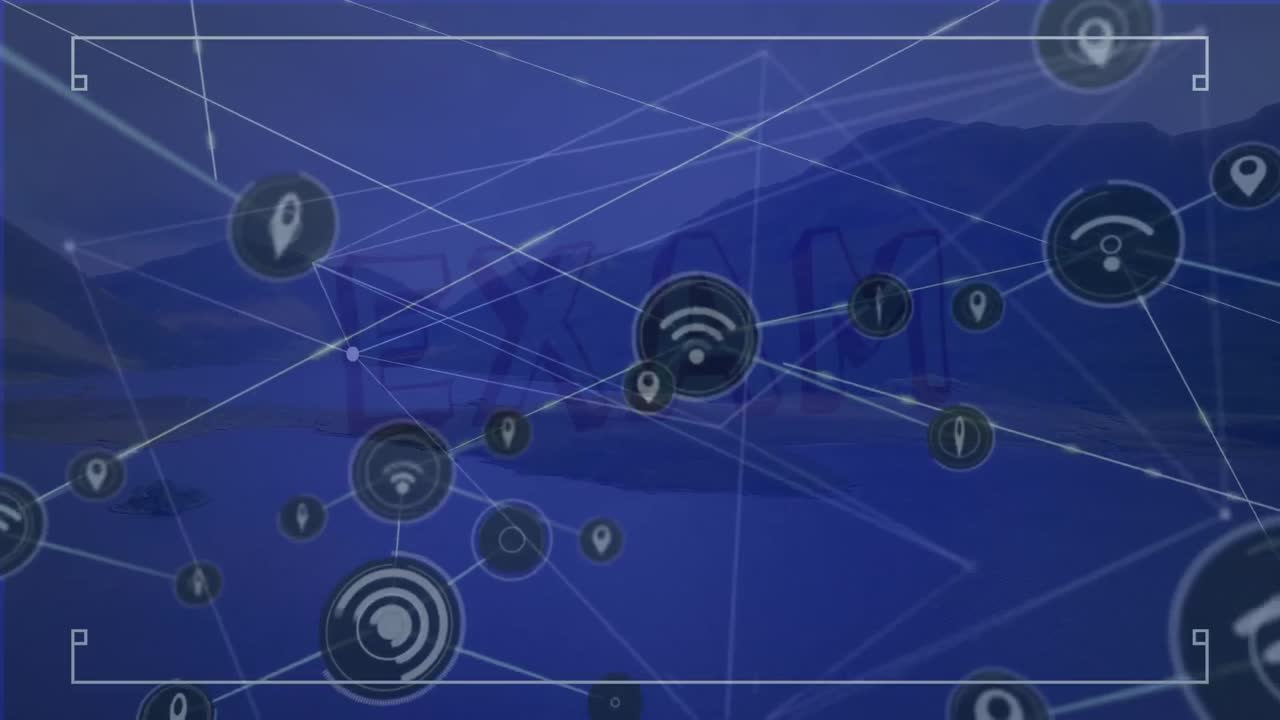 Animation of exam text and network of connections over landscape