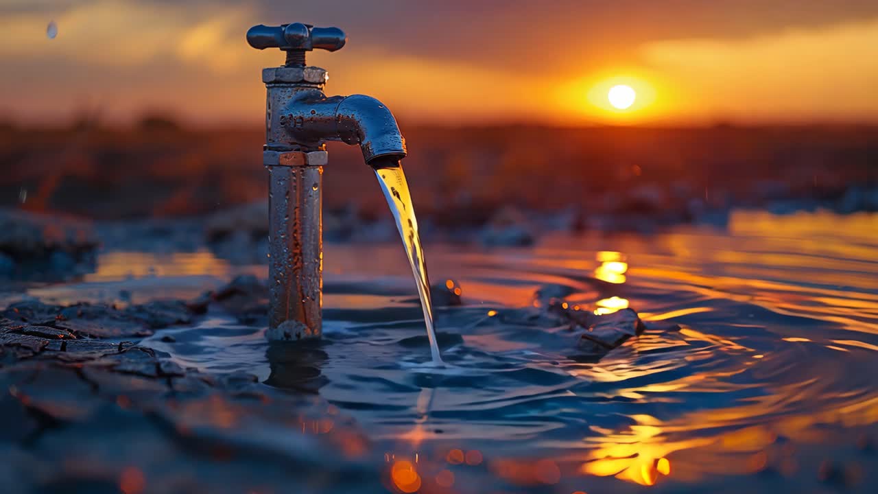 A faucet is dripping water into a puddle of water. The sun is setting in the background, creating a warm and peaceful atmosphere