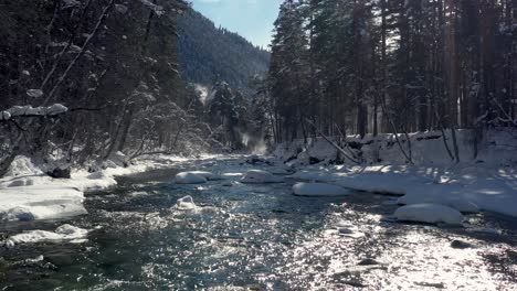 Hermoso-Bosque-De-Nieve-En-Invierno.-Volando-Sobre-Ríos-Y-Pinos-Cubiertos-De-Nieve.