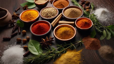 a vibrant assortment of colorful spices and aromatic herbs displayed on a wooden table
