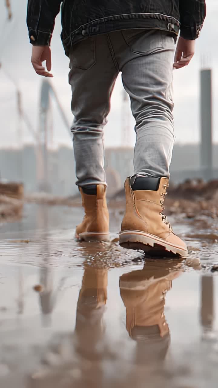 A Person Walking Through a Muddy Construction Site Reflection in Water with Stylish Boots and Casual Outfit, Capturing the Essence of Exploration and Adventure
