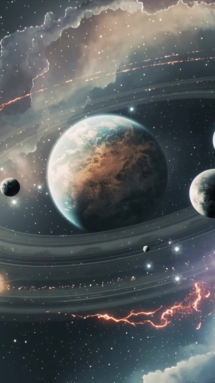 Vertical video: Revealing camera pan, ringed planet showing rings, moons, red streak in space