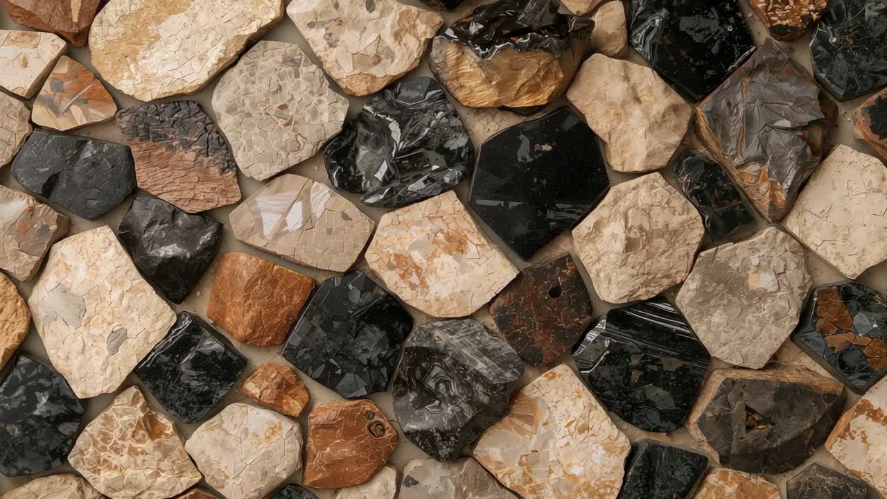 Panning camera che mostra un mosaico in pietra su un muro, mettendo in risalto i riflessi e rivelando la malta sulla roccia levigata