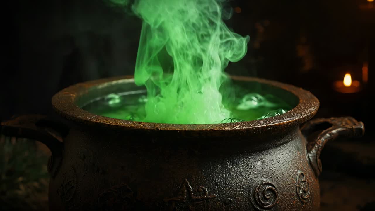 Releasing green vapor ornate cauldron bubbling in alchemy lab, triggered by candle flicker