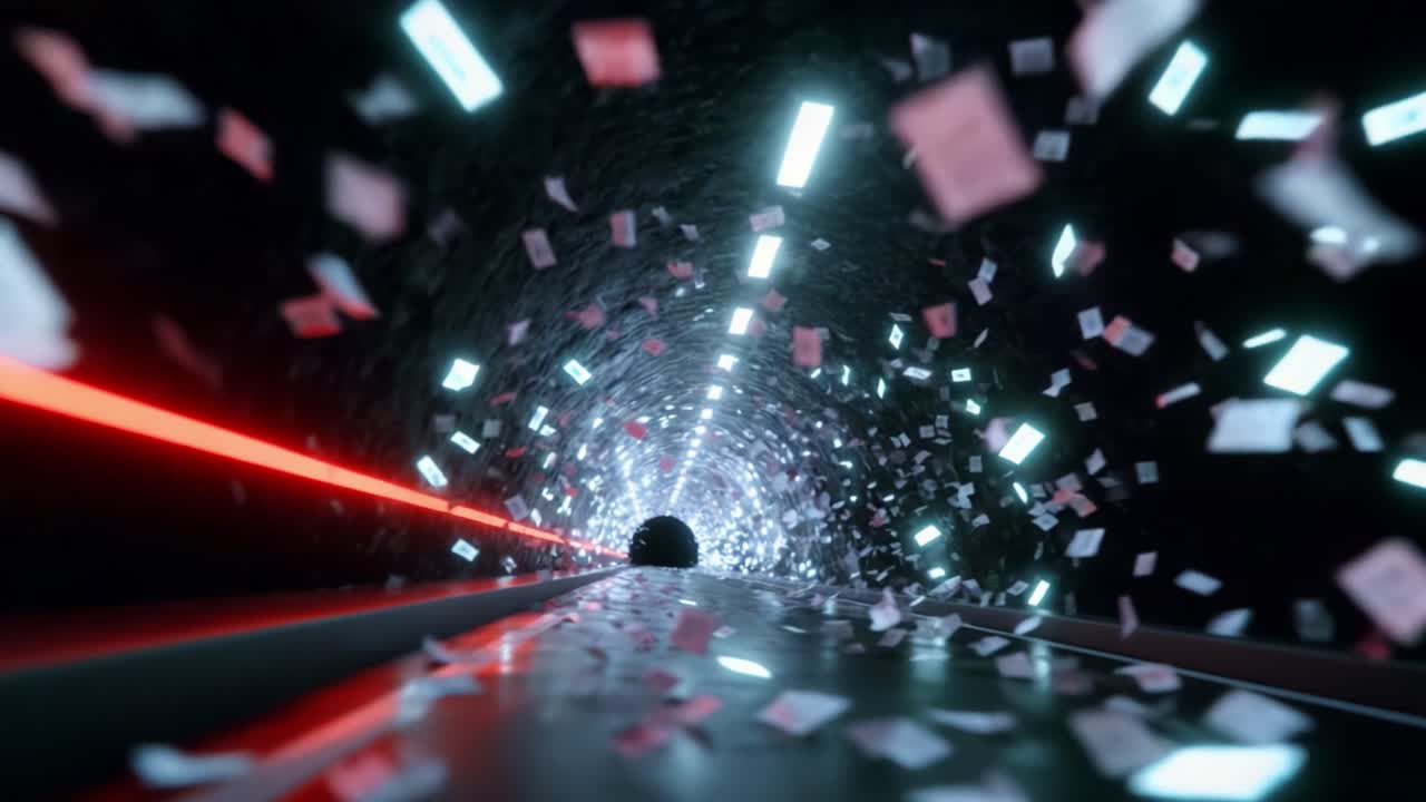 Un affascinante viaggio visivo attraverso un tunnel dinamico pieno di fogli di carta vorticosi, illuminato da luci brillanti, che evoca sensazioni di movimento e il passare del tempo in un ambiente astratto