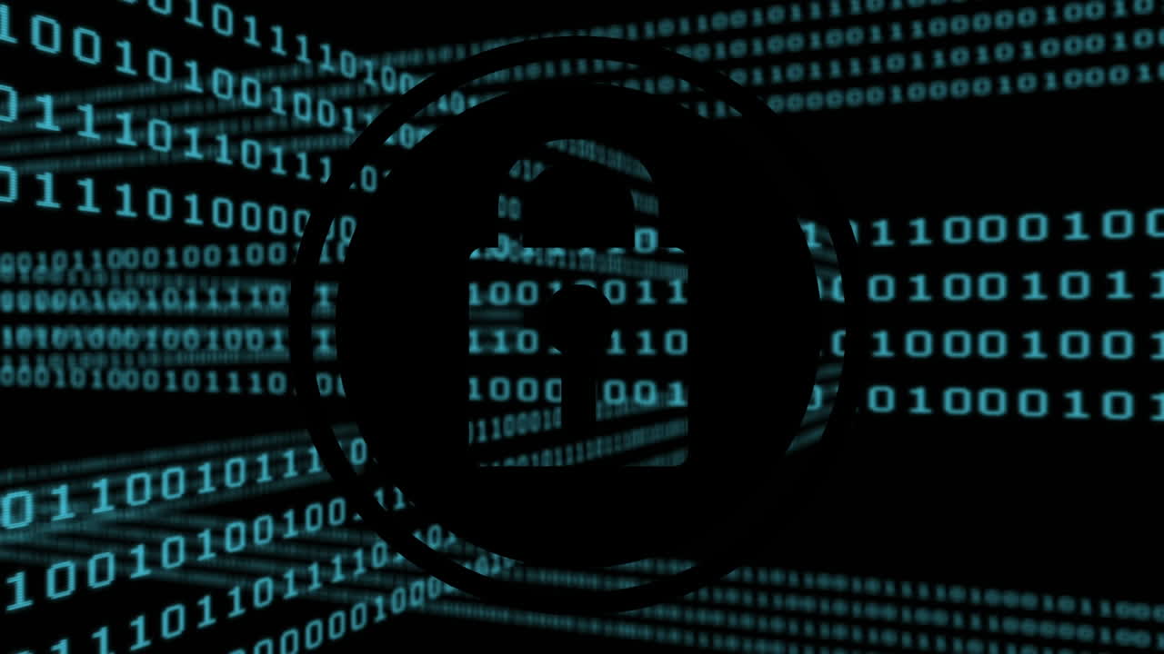 Animation of data processing and online security padlock over dark background