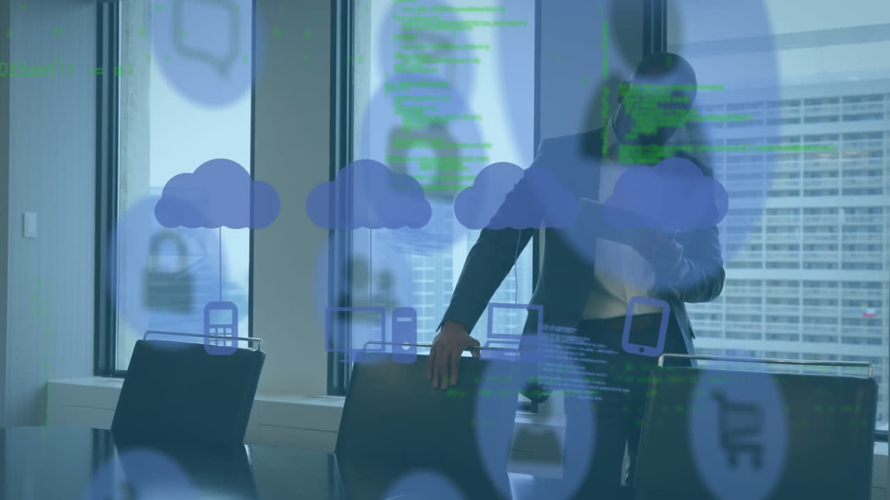 클라우드, 아이콘 및 데이터의 애니메이션 아프리카계 미국인 사업가