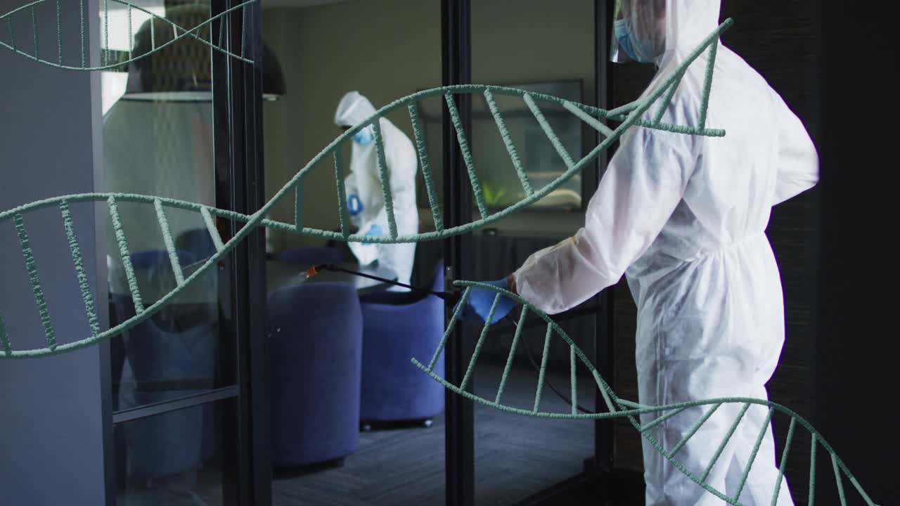 Two sanitizers per protocol using spray wand on glass, wiping seats, DNA overlay marking zones