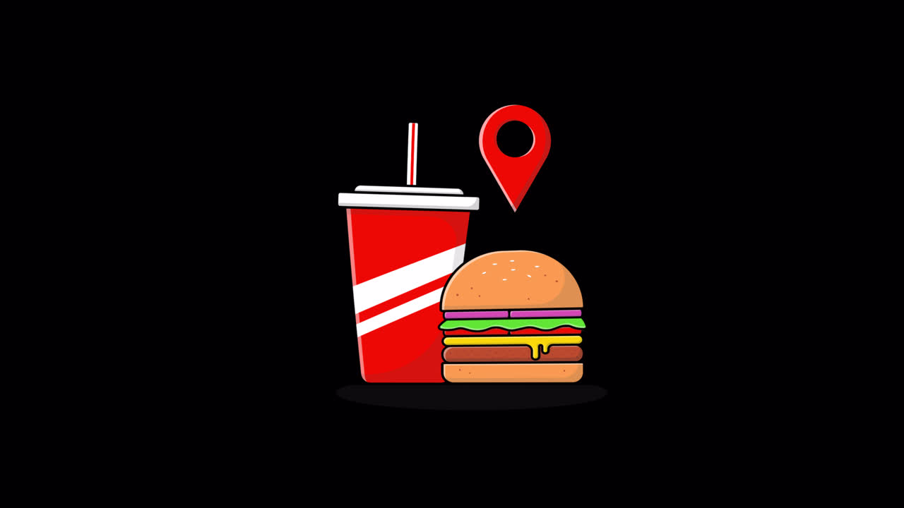 Animated Burger and Soda with Location Pin for Fast Food Delivery