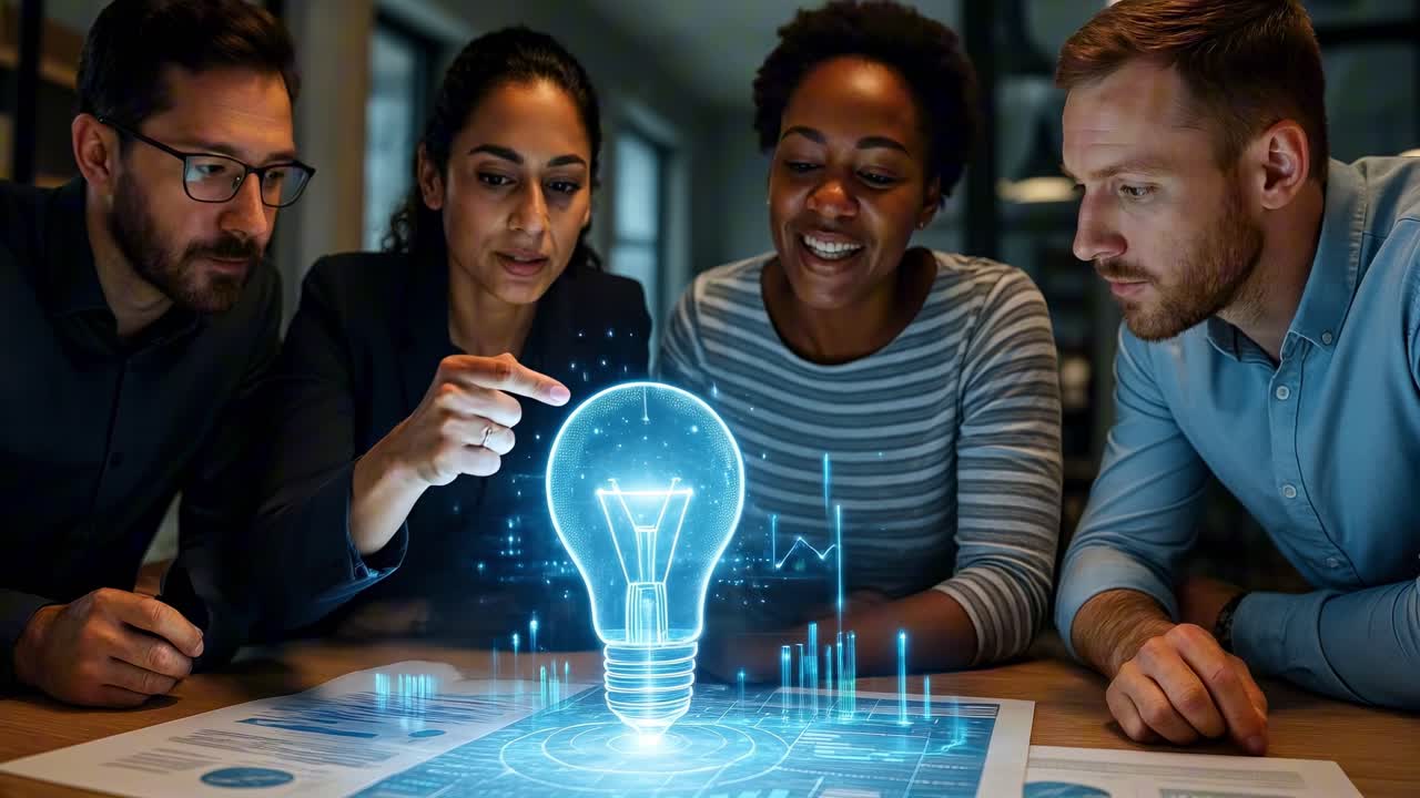 A diverse team collaborates over a digital blueprint with a holographic lightbulb Shot from a high