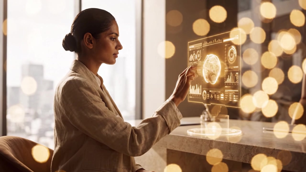 A Focused Professional Engaging with an Innovative Holographic Display of Data Insights in a Modern Office Environment with City Views