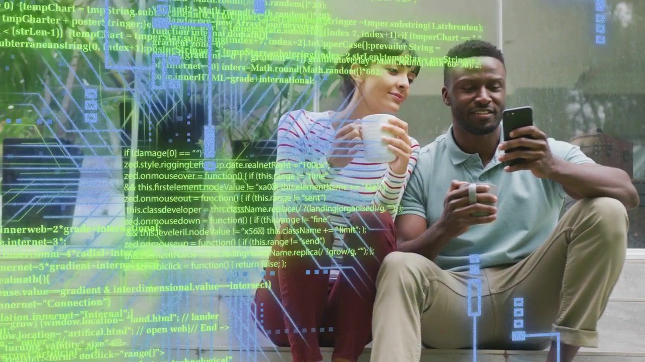 Pair sitting on steps man tapping phone woman leaning in sharing feed causing tech overlay shifting