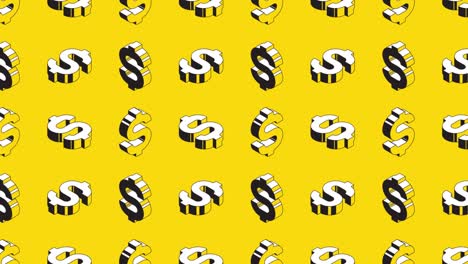 isometric symbols of us dollar in animated pattern on a yellow background. seamless loop animated pattern for financial illustration