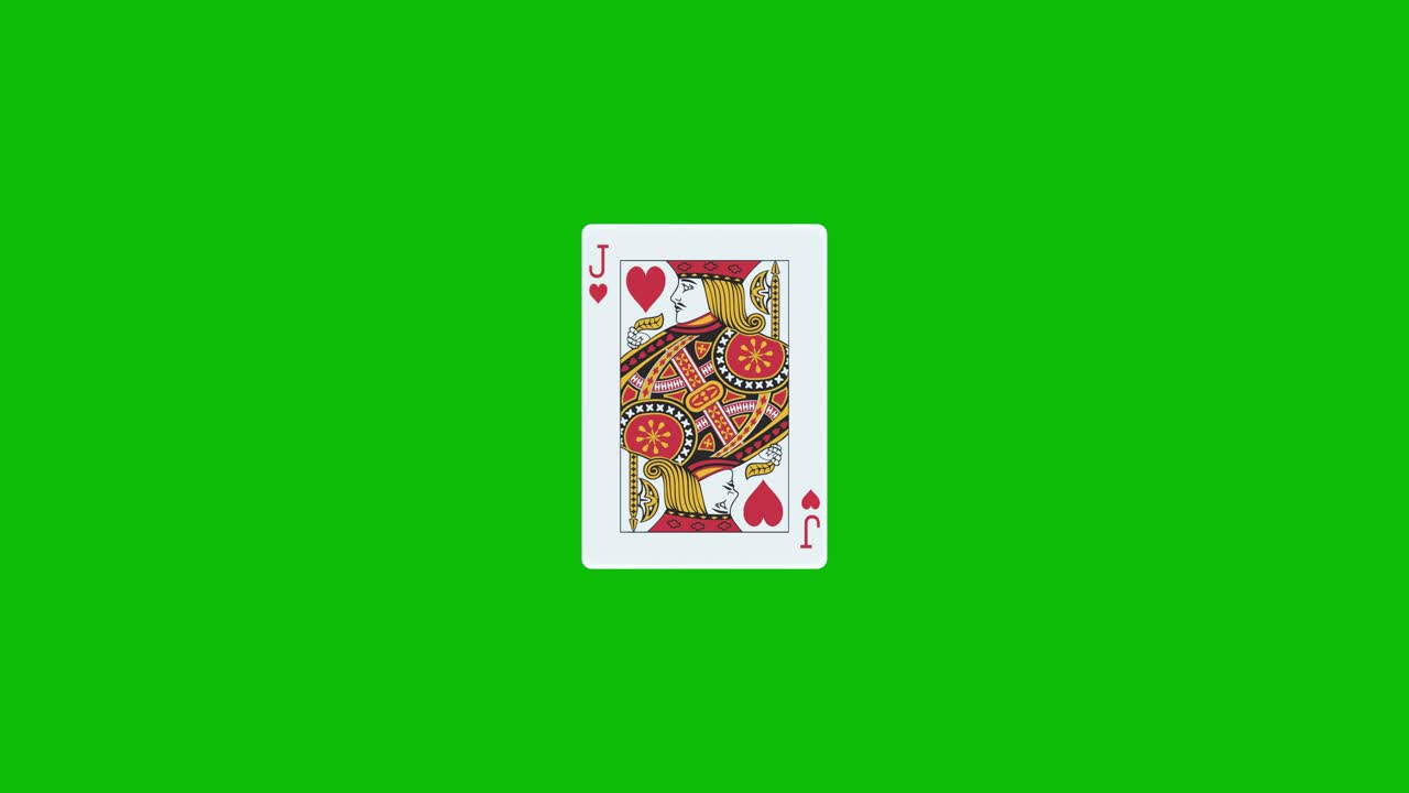 Una carta da poker con il jack di cuori ruota e si rivela su uno schermo verde, animazione 3D. Puoi modificare la durata della clip per controllare l'effetto di rivelazione.