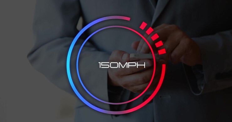 Businessman Using Smartphone with Digital Speedometer Overlay