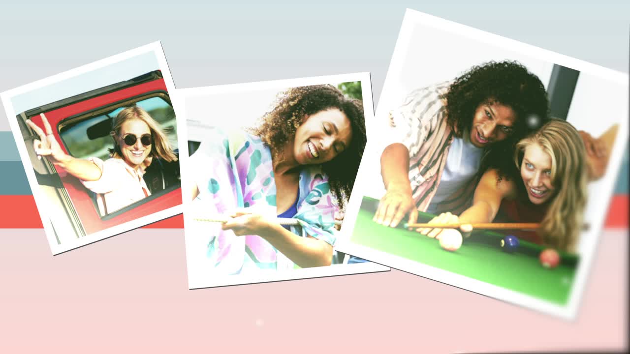 Una cámara animada imprime fotos de amigos divirtiéndose y creando recuerdos