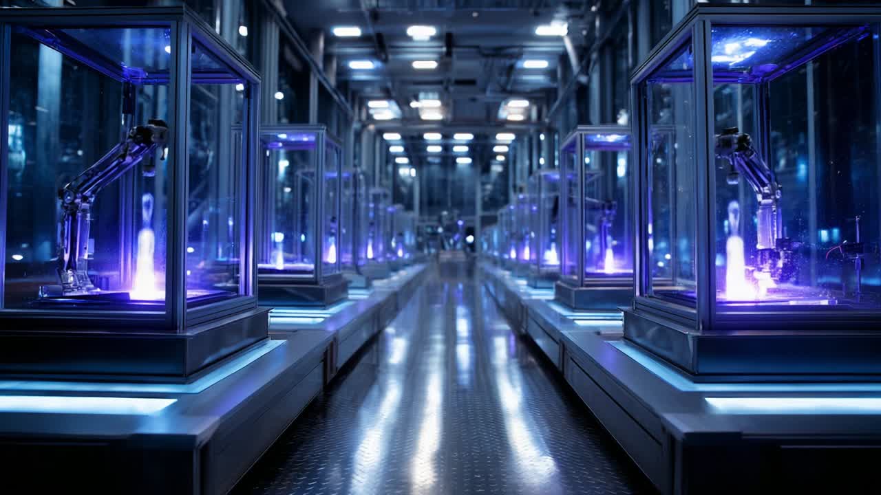A High-Tech Laboratory Showcasing Robotic Arms in Glass Enclosures with Illuminating Blue Lights, Highlighting Advanced Robotics and Automation Innovations in a Futuristic Setting