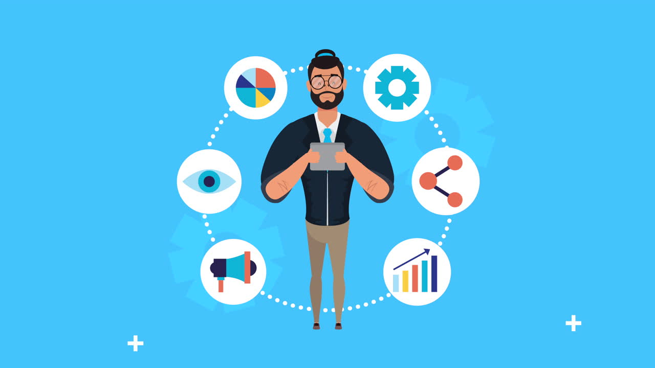 uomo con icone di ottimizzazione dei motori di ricerca