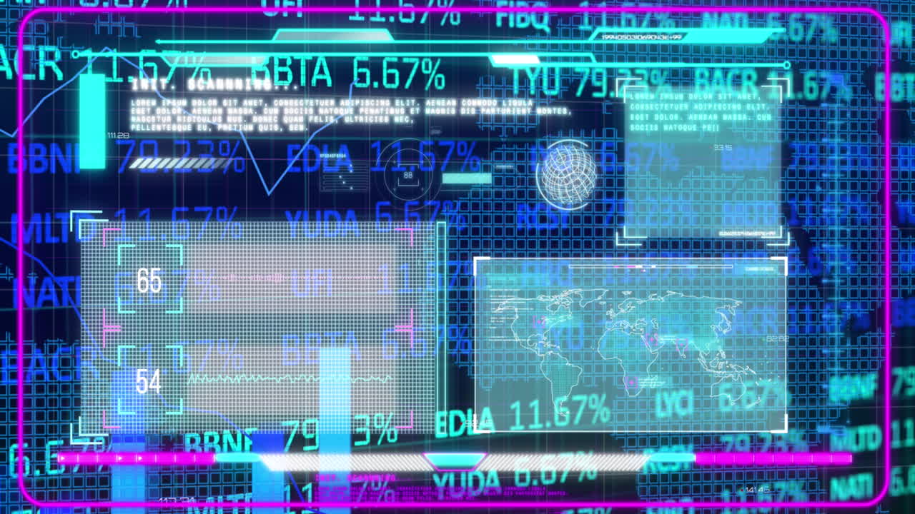 animación de la cuenta atrás en el visor, ondas sonoras, base de datos, gráfico de barras, globo sobre el tablero de negociación