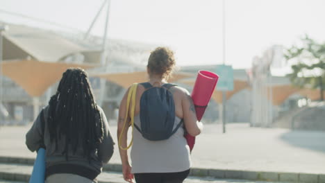 back view of fat women climbing stairs to sport stadium