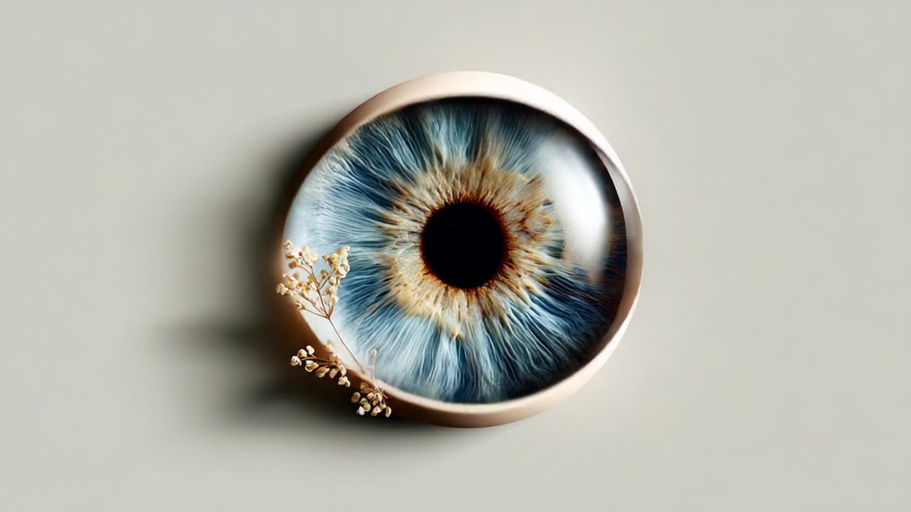 A stunning close-up of a beautifully detailed eye element, showcasing iridescent colors and intricate patterns, enhanced by the delicate presence of a natural flower, symbolizing the intersection of nature and vision