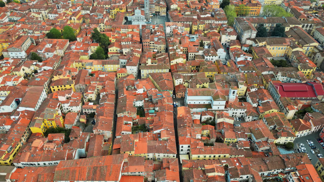 Aerial drone view of the Lucca city on the Serchio river in Italy's Tuscany region