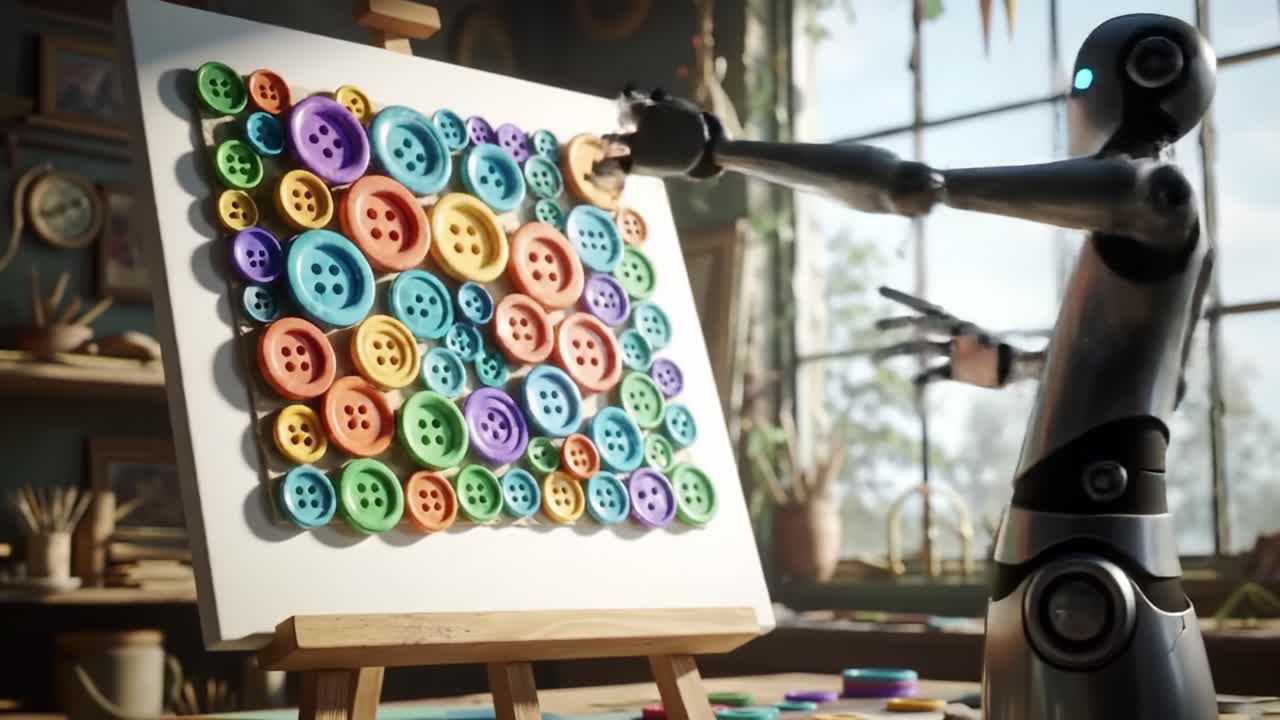 A futuristic robot carefully places vibrant buttons on a canvas in a warm, well-lit studio filled with art supplies. Its precise movements highlight a blend of technology and creativity.