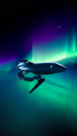 futuristic spacecraft flying through aurora borealis