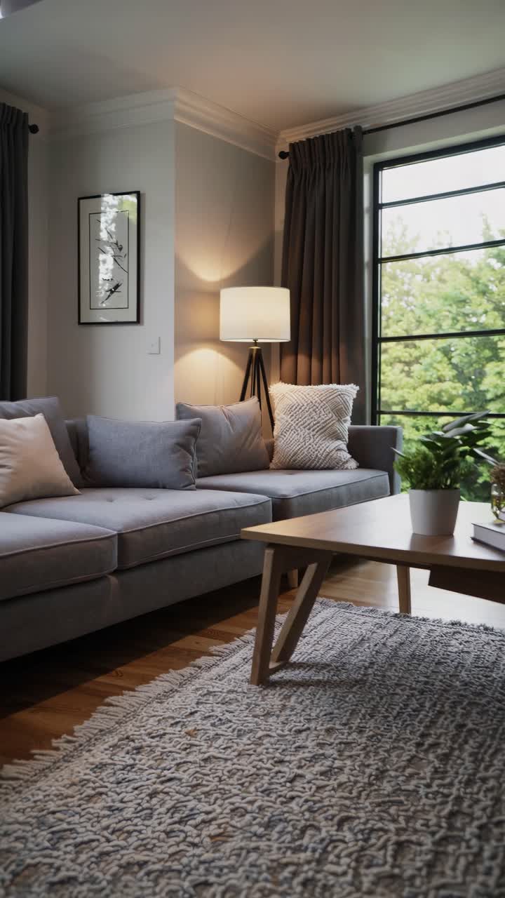 Cozy living room with modern decor, shot from a low angle