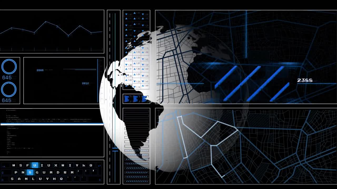 Animation of interface with data processing over spinning globe against black background