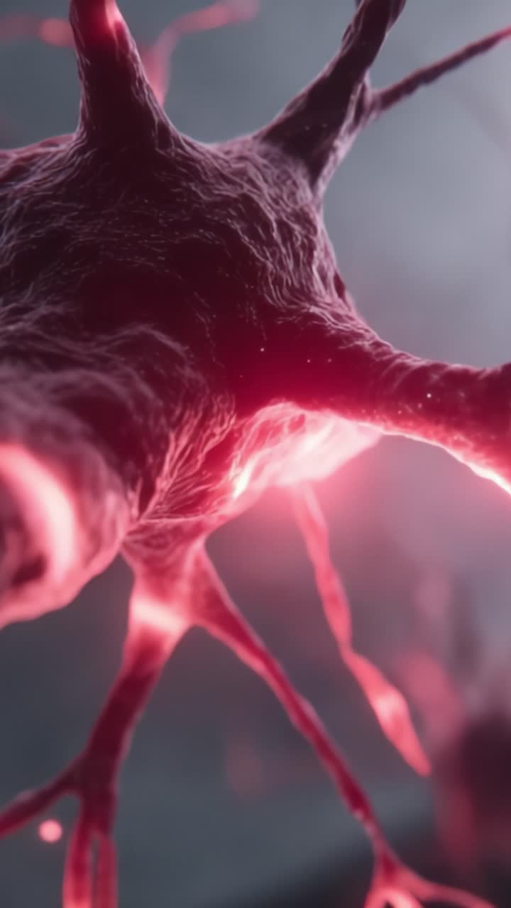 Dynamisk nærbilde av nevroner som viser synaptisk aktivitet i et levende rødt skjær, som fanger essensen av nevral kommunikasjon og hjernefunksjon i en fantastisk visualisering