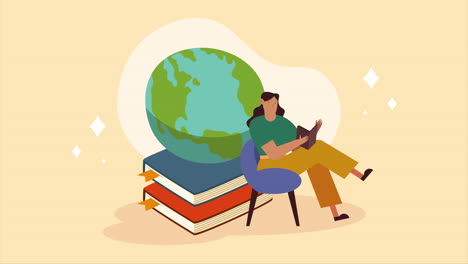 woman reading on a chair in front of world globe and books