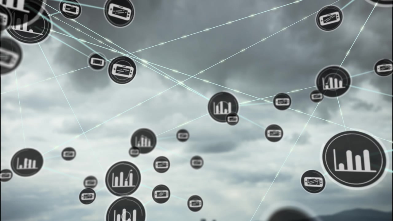 Animation of network of digital icons over dark clouds in the grey sky