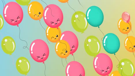 animación de globos coloridos con caras volando sobre un fondo azul a verde