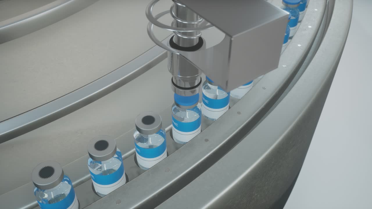 vista superior de la producción en masa de vacunas en el laboratorio, representación en 3d del embalaje de botellas de vacunas, la máquina pone tapas de botellas en ampollas que se mueven en la cinta transportadora farmacéutica en el laboratorio de investigación en el ciclo derecho