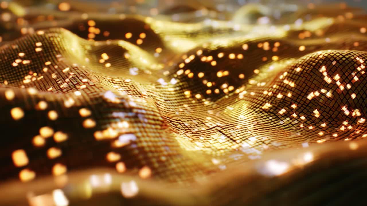 Dynamic Abstract Waves of Golden Light and Texture Undulate in a Vibrant Display, Featuring a Complex Network of Illuminated Grids and Flowing Patterns That Create a Mesmerizing Visual Experience