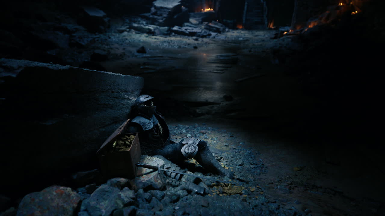 Silent resting place of a fallen knight discovered in a shadowy cave