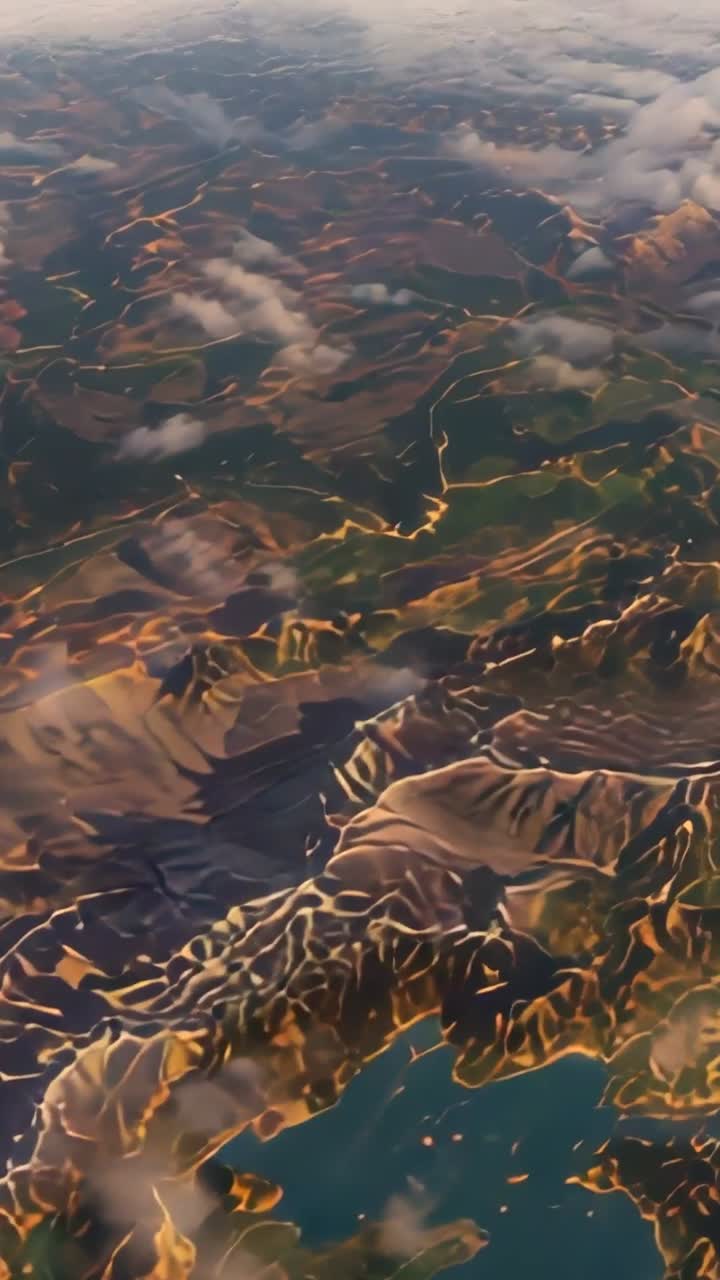 Vertical video: Panning aerial camera revealing ridges and tilting over fields, rivers and lake
