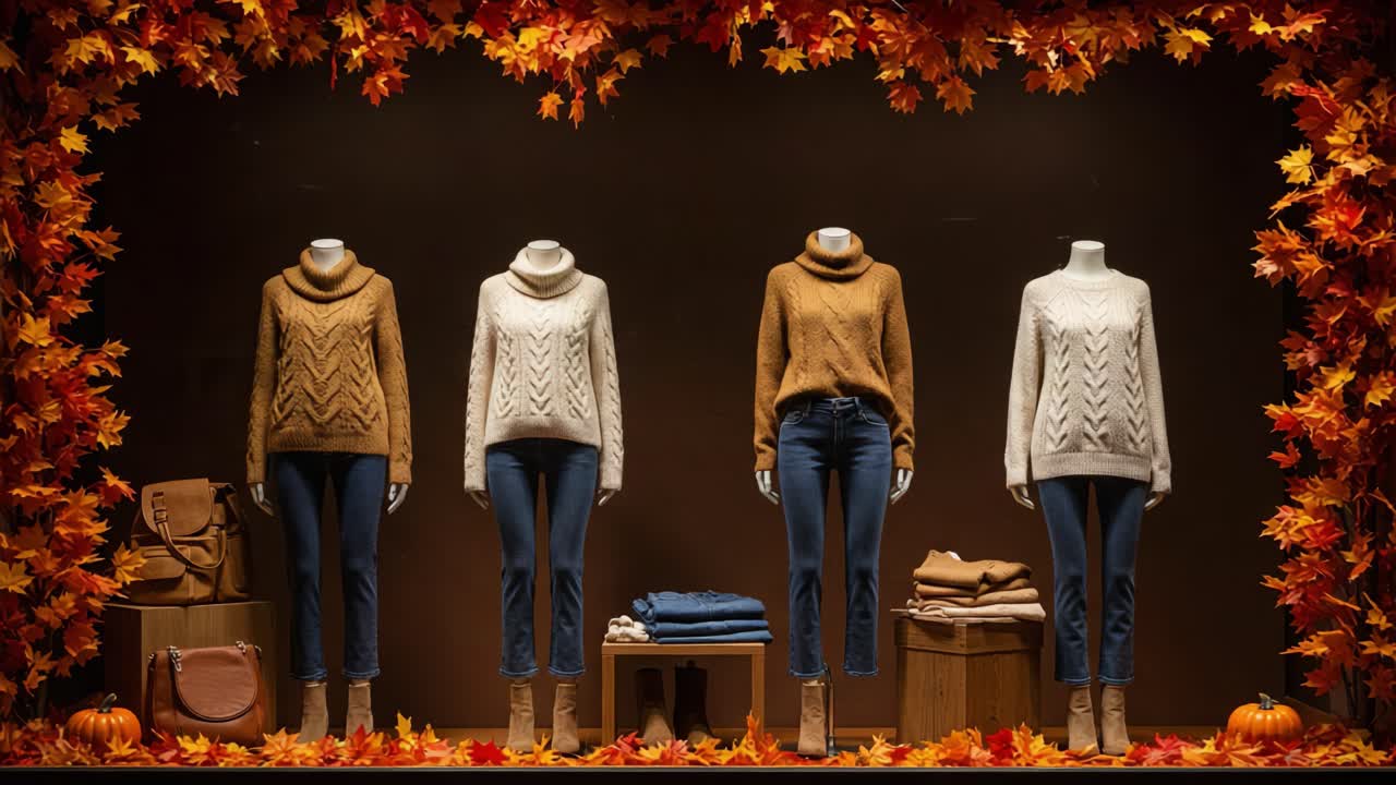 Charming Autumn Display Featuring Stylish Sweaters and Seasonal Decor in a Boutique Window, Highlighting Cozy Fashion Trends for Fall
