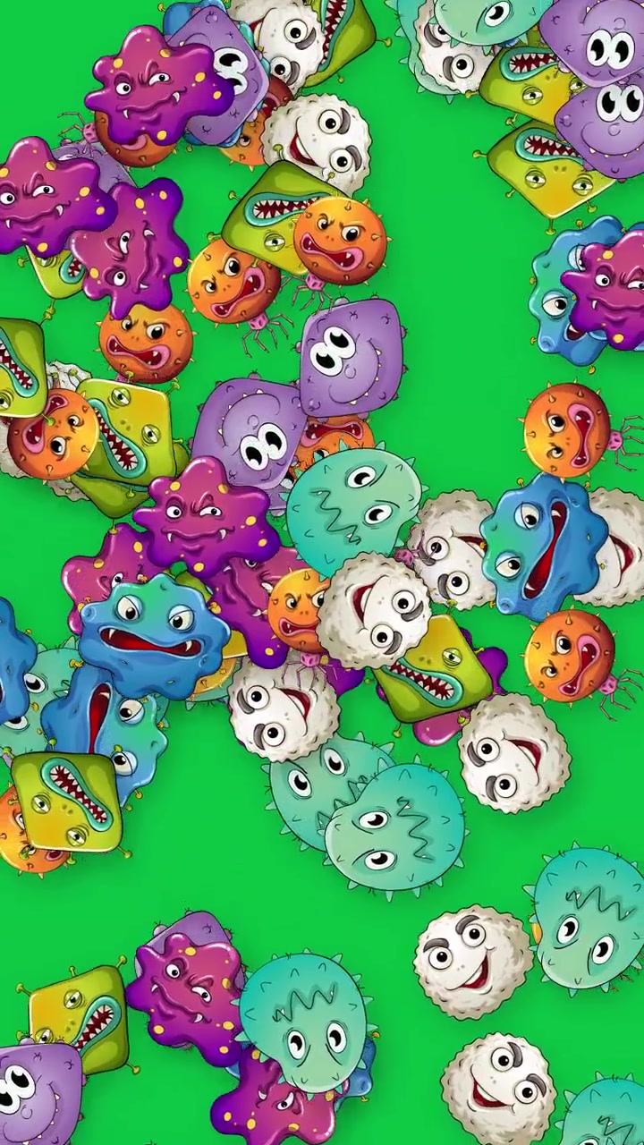 Colorful animated microbes and viruses fall vertically against a solid green screen background.