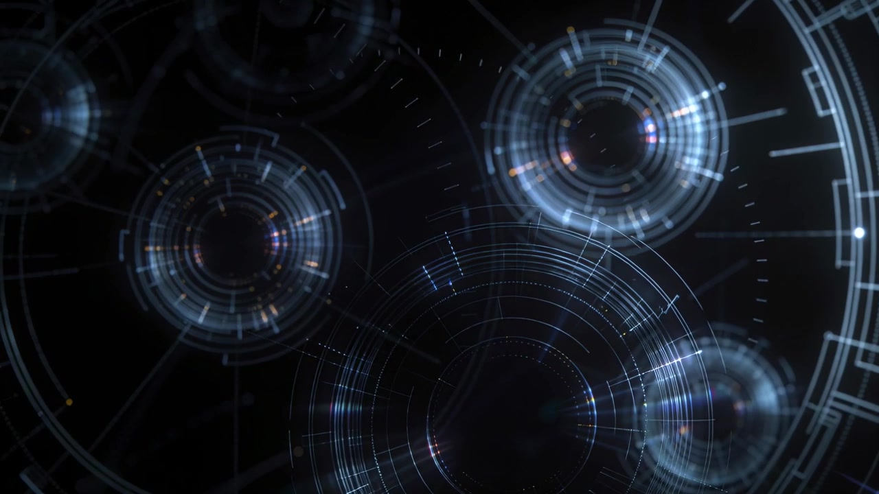 Avvio della riproduzione, anelli HUD luminosi che ruotano, pulsano, e barre dati che scorrono a destra in un'interfaccia scura.