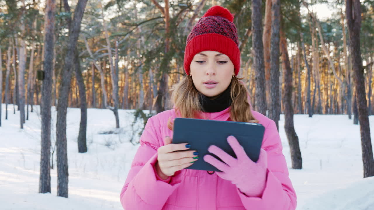 mujer joven usa una tableta con la navegación gps en bosques nevados